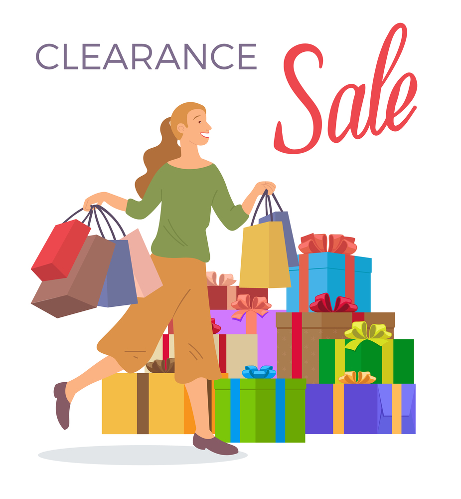 Smiling woman is standing with shopping bags. Big present boxes on the background. Holliday sale and clearance concept. Young beautiful happy girl picks up packages with clothes. Sale advertising. Smiling woman is standing with shopping bags. Big present boxes. Holliday sale and clearance concept