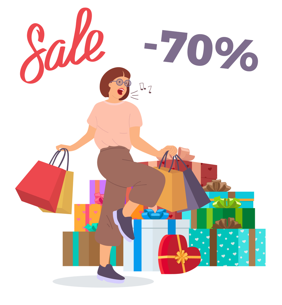 Woman with shopping bags is smiling. Holliday sale concept. Young beautiful fashion shopper girl is singing songs and picking up packages. Big present boxes on the background. Sale advertising. Woman is standing with shopping bags and singing. Big present boxes. Holliday sale concept