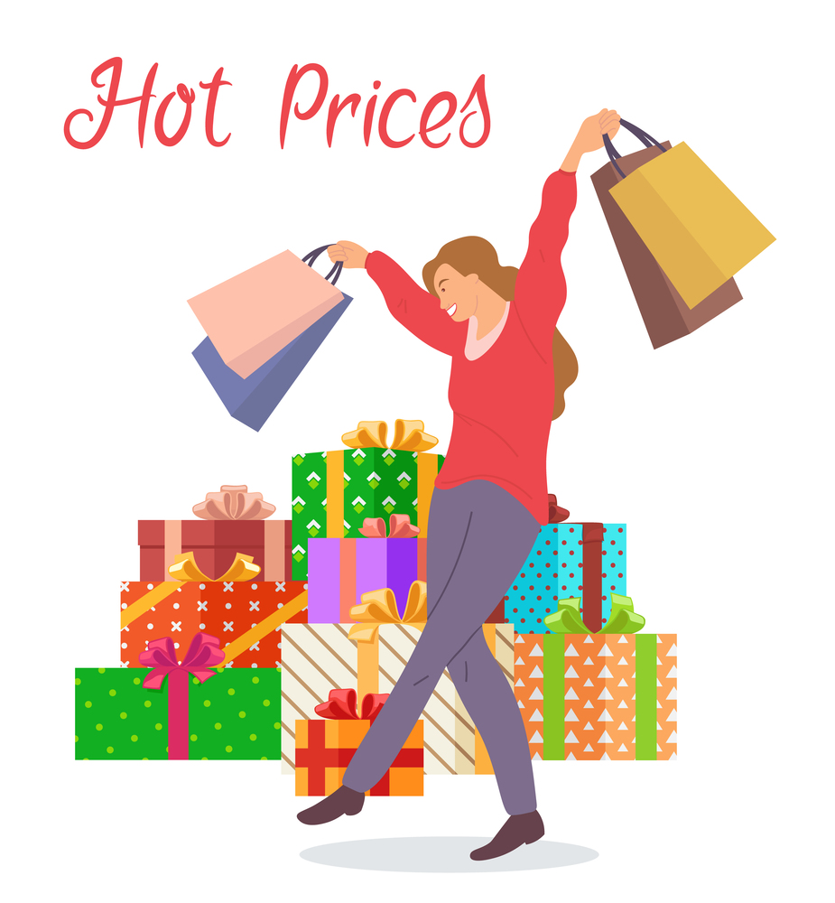 Smiling woman with shopping bags. Young beautiful happy girl is picking up multi-colored packages and crossing her legs. Sale advertising. Big present boxes on the background. Hot prices concept. Young fashion girl picks up packages and crosses her legs. Big present boxes. Hot prices concept