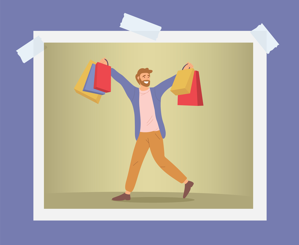 Illustration of a smiling man with shopping bag. Young handsome guy picks up multi-colored packages. Sale advertising. Male character with packages in his hands is posing for a photo shooting. Illustration of a man standing with shopping bags. Young guy on the photo picks up packages