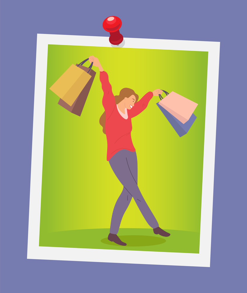 Illustration of a smiling woman with shopping bags. Young beautiful happy girl on the photo picks up multi-colored packages and crosses her legs. Female character with goods posing for a photo shoot. Illustration of a happy woman standing with shopping bags. Young girl on the photo crosses her legs