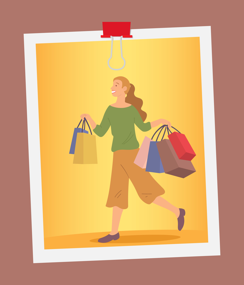 Smiling woman with shopping bags on the photo. Young beautiful happy girl picks up multi-colored packages with clothes. Female character with packages in her hands isolated on yellow background. Smiling woman on the photo is standing with shopping bags. Young fashion girl picks up packages