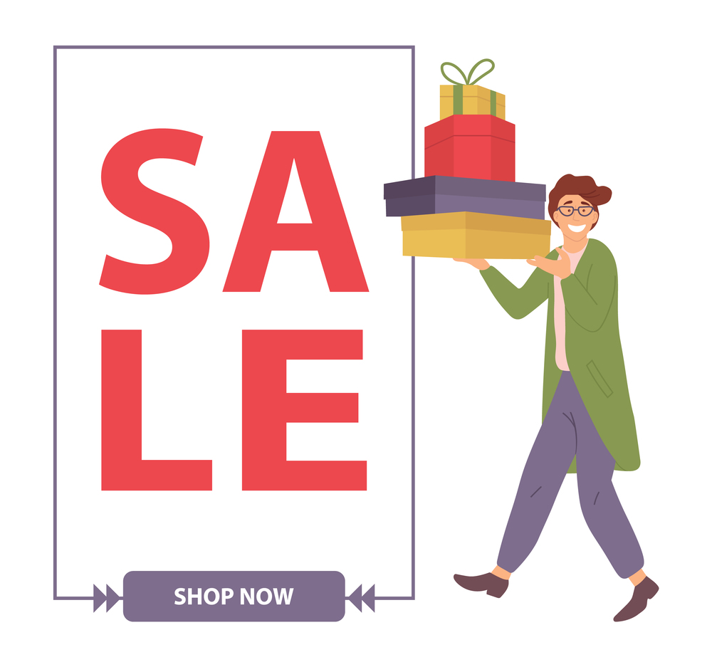 Sale announcement. Man is standing with colorful boxes in his hands. Young handsome fashion shopper guy isolated on white background. Male character in store buying christmas presents for the holiday. Sale announcement. The man buys gifts for the holiday. Guy with colorful boxes in his hands