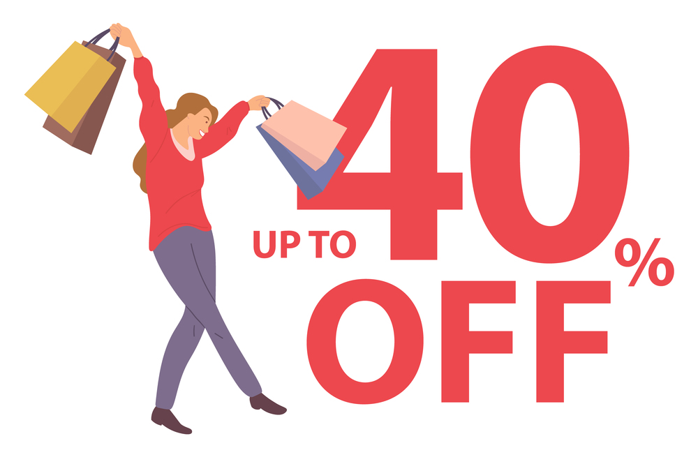 Announcement of forty percent discounts. Girl rejoices with shoppind bags in her hands. Sale in the store. Young beautiful happy girl is picking up multi-colored packages and crossing her legs. Announcement of forty percent discounts. Girl rejoices with packages in hands. Sale in the store