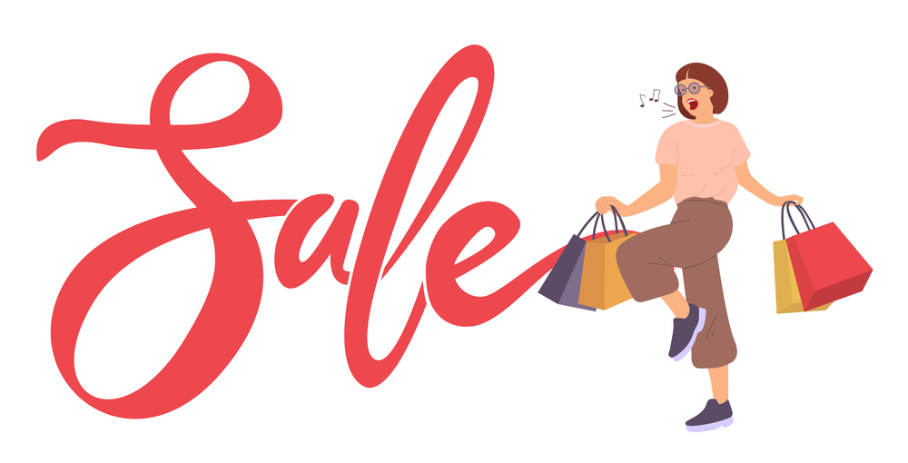 Woman with shopping bags is smiling. Young beautiful fashion shopper girl is singing songs. Sale announcement on the background. Female character standing with packages in her hands and making music. Woman is standing with shopping bags Young girl is singing. Sale announcement on the background