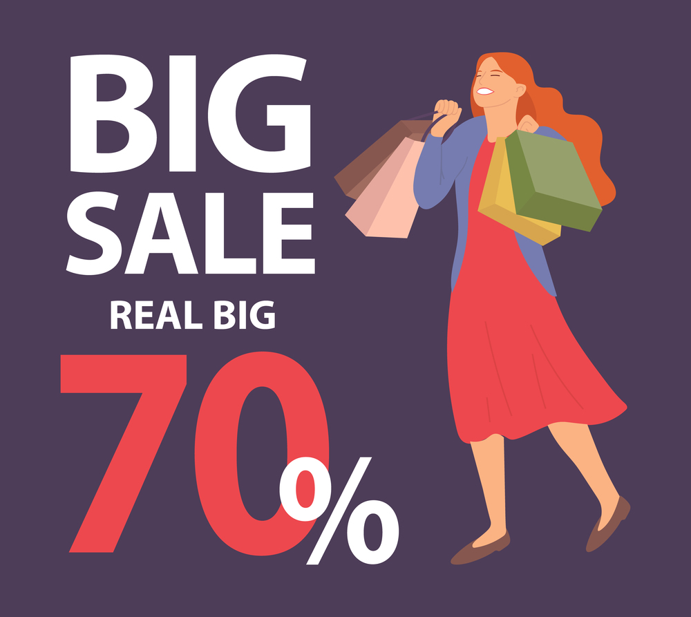 Announcement of seventy percent discounts. Girl with shopping bags in her hands is smiling happily during the sale. Young beautiful happy girl picks up multi-colored packages on dark blue background. Announcement of seventy percent discounts. Girl with shopping bags in her hands during the sale