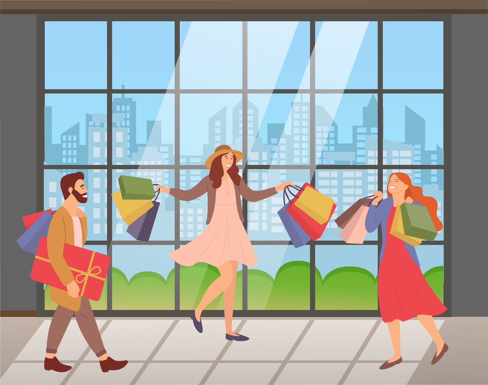 Group of people with shopping bags in their hands on the background of a large panoramic window. Women are picking up shopping bags. Customers are buying gifts and spending time in apartments. A group of people with shopping bags in their hands spend time in apartments. Customers buy gifts