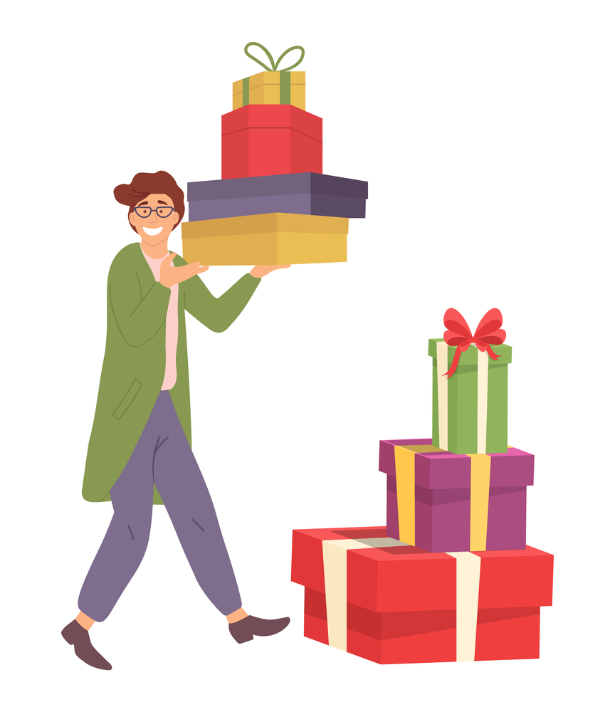 Smiling man with gift boxes in his hands near containers on the floor. Young handsome fashion shopper guy carrying presents on white background. Male character in store is prepairing for the holiday. Smiling man with gift boxes in his hands. Young shopper guy is carrying presents on white background
