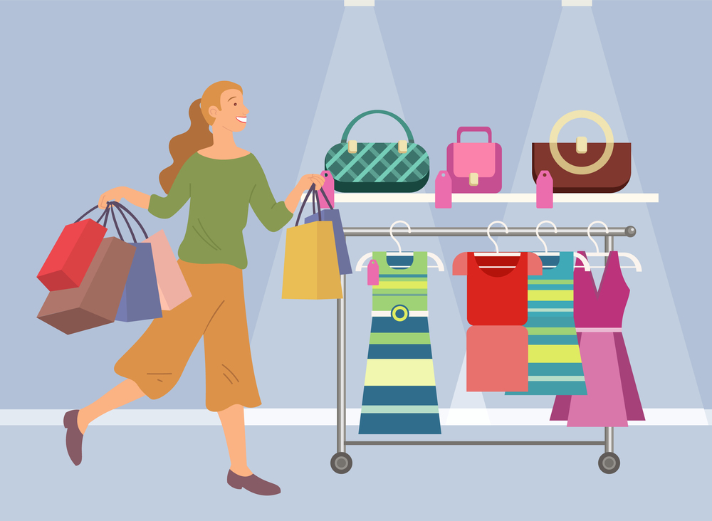 Smiling woman with shopping bags spend time in a mall. Young beautiful happy girl with multi-colored packages with clothes. Female character with purchases choose garment in the boutique store. Woman shopping in a mall vector illustration. Girl with shopping bags in a boutique chooses clothes