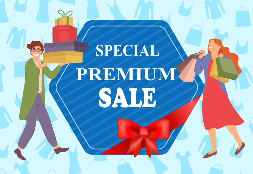 Announcement of a special premium sale. Couple on the shopping with presents in their hands. Men and women are picking up shopping bags. Customers are buying gifts. Pastime before hollidays. Announcement of a special premium sale. Couple on the shopping with presents in their hands