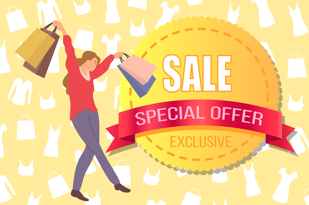 Announcement of a big sale. Girl with bags in her hands is smiling happily during shopping. Young beautiful happy woman is picking up packages on yellow background. Promotion of a special offer. Announcement of a big sale. Girl with shopping bags in her hands. Promotion of a special offer