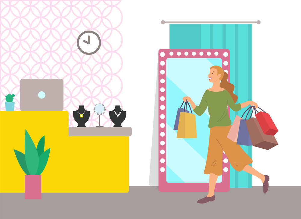 Smiling woman with shopping bags spend time in mall. Young beautiful happy girl with multi-colored packages. Female character with purchases choose necklace in jewelry store. Woman stands near mirror. Woman shopping in a mall vector illustration. Girl with shopping packages in a jewelry store