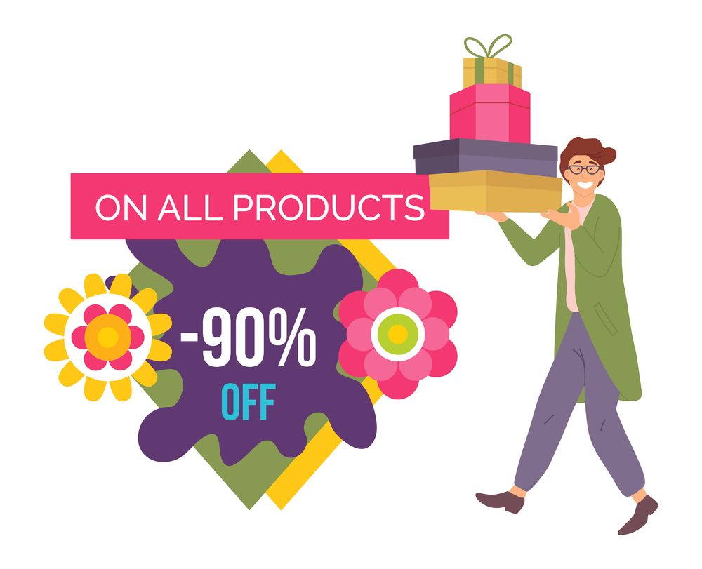 Announcement of ninety percent discount on all products. Smiling man with gift boxes in his hands near containers on the floor. Young handsome fashion shopper guy carrying presents. Sale advertising. Announcement of ninety percent discount on all products. Smiling man with gift boxes in his hands