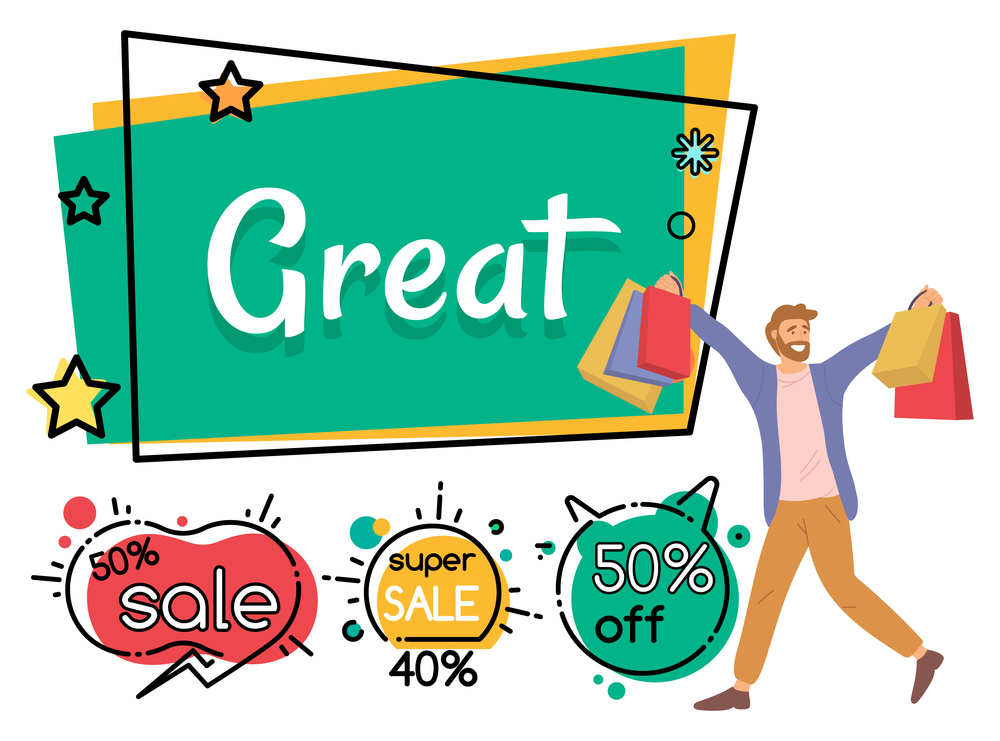 Announcement of discounts in the store. Sale advertisement concept. Man with shopping bags in his hands is smiling happily. Young handsome fashion shopper guy picks up multi-colored packages. Announcement of discounts in the store. Sale advertisement. Young guy picks up shopping bags