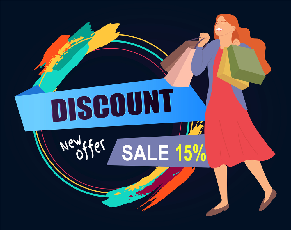 Announcement of the new offer in the store. Sale and discounts advertisement concept. Happy woman with shopping bags in her hands. Young beautiful girl picks up multi-colored packages with clothes. Announcement of new offer in store. Sale and discount advertisement. Woman standing with packages
