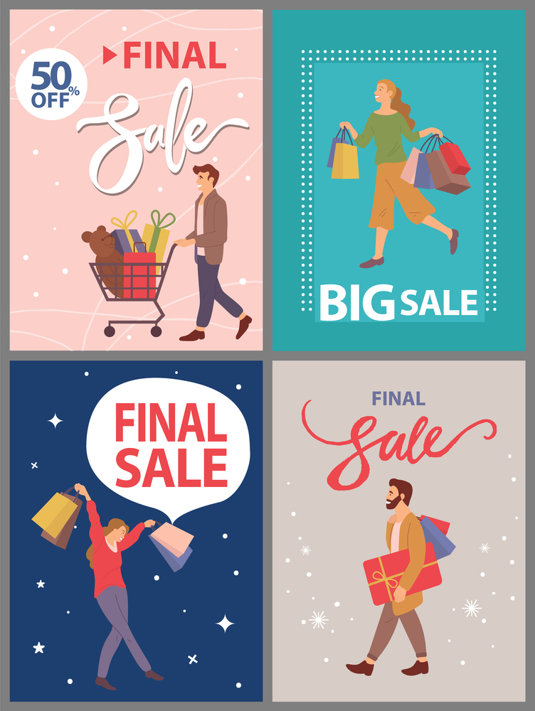 Set of postcards with people shopping on the cover. Smiling man with gift boxes and toy bear in the shopping cart. Girls with bags with purchases in their hands. Guy with gift wrapping in his hands. Set of postcards with people shopping on the cover. Buyers are buying gifts for the holiday