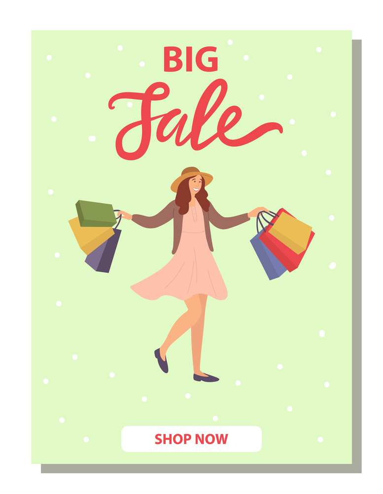 Smiling woman on the postcard cover with shopping bags in her hands. Young beautiful happy girl jumping and picking up multi-colored packages with clothes. Big sale announcement in the store. Woman on the postcard cover is standing with shopping bags. Big sale announcement in the store