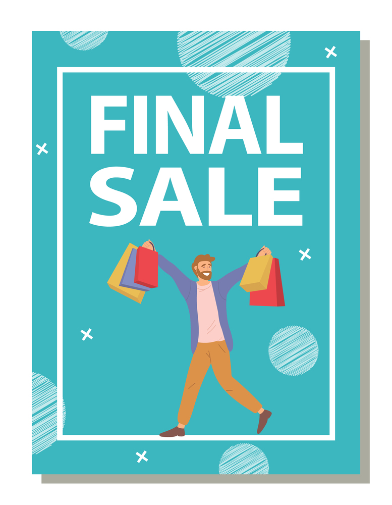 Final sale announcement in the store.Photo of a smiling man with shopping bag. Young handsome guy picks up multi-colored packages. Sale advertising. Male character with packages on a postcard cover. Final sale announcement in the store. Photo of a young guy on the postcard cover picks up packages