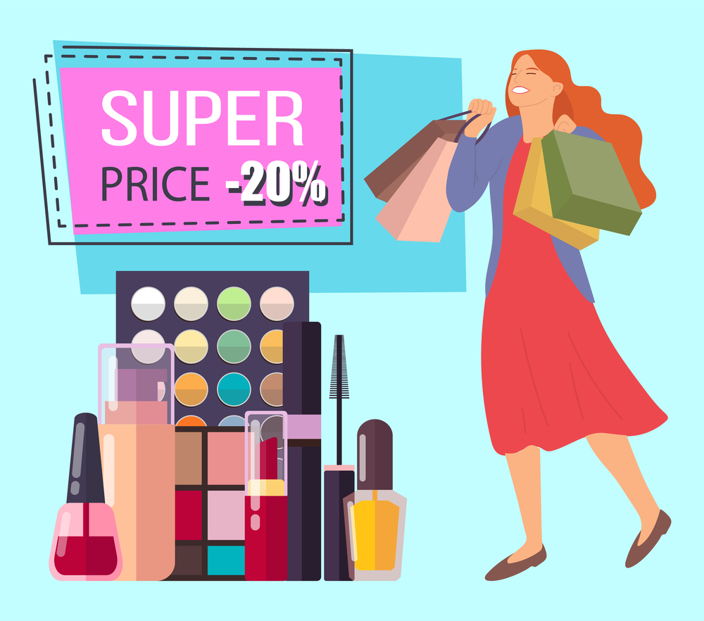 Super price announcement. Twenty percent discount. Woman with shopping bags is smiling happily. Young beautiful happy girl picks up multi-colored packages. Large set of cosmetics on the floor. Super price announcement. Twenty percent discount. Young girl picks up packages and rejoices