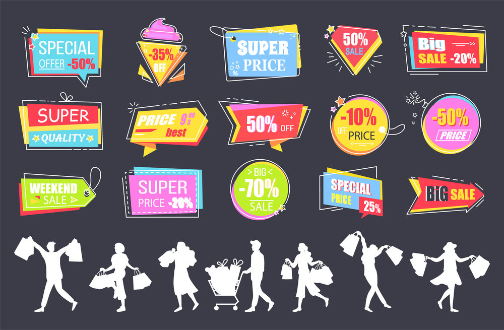 Set of big sale banners on black background. Discount special offer. End of season special proposition banner. Best price advertising poster with people silhouettes happy buyers holding purchases. Set of big sale banners on black background. Best price advertising poster with people happy buyers