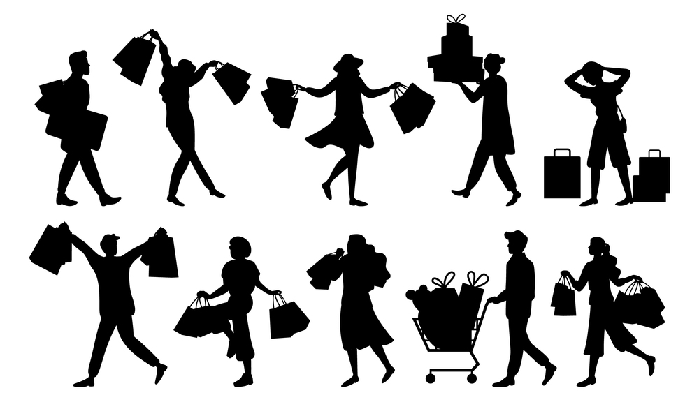 Silhouettes of customers while shopping. Group of shoppers with purchases in their hand. Men and women are buying gifts. Girls are choosing clothes. People with presents preparing for the holiday. Silhouettes of people shopping. Shoppers with purchases in their hands and women buying clothes