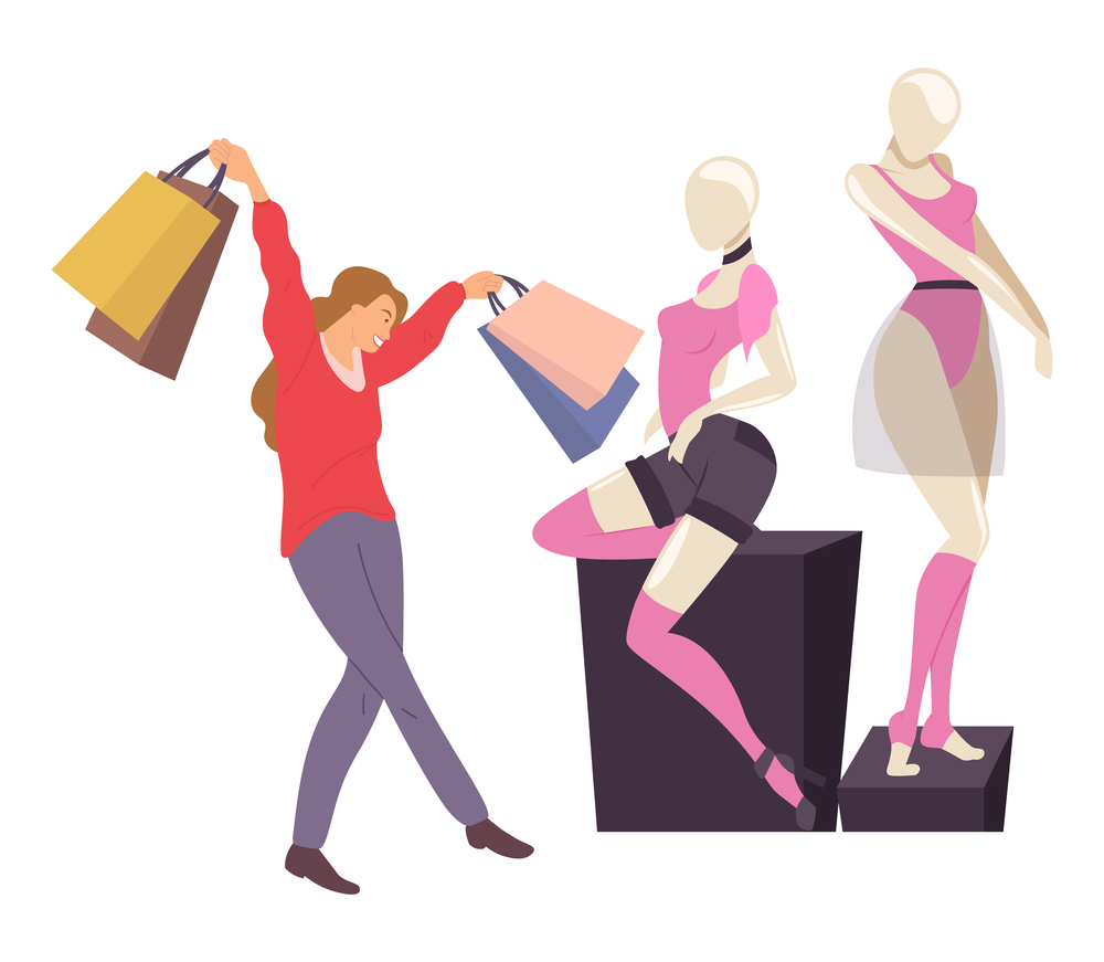Character with goods in her hands near mannequins. Smiling woman with shopping bags. Young beautiful happy girl picks up multi-colored packages and crosses her legs. Female mannequins with clothes. Happy woman standing near mannequins. Young fashion girl picks up packages and crosses her legs