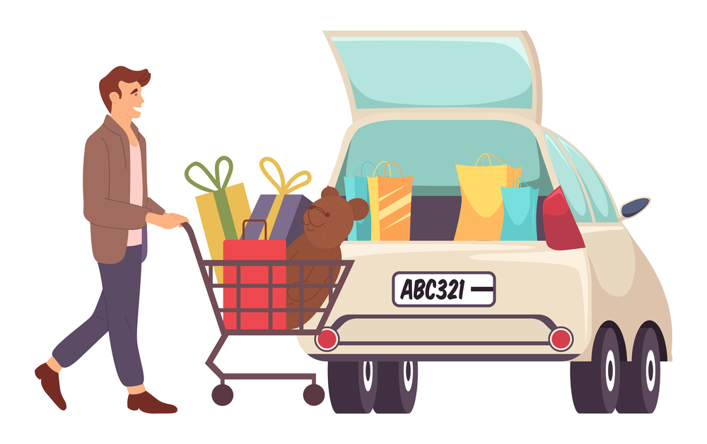 Smiling man with gift boxes in the shopping cart. Young handsome fashion shopper guy is loading purchases into the trunk of a car. Male character in store is buying christmas presents and toys. Man with gift boxes in the shopping cart. Young shopper guy loads purchases into the trunk of a car