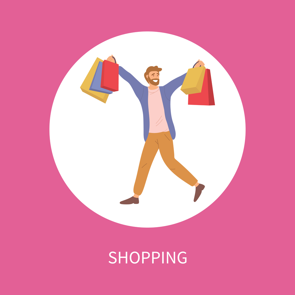 One day special price announcement concept. Man with shopping bags in his hands is smiling. Young handsome fashion shopper guy picks up multi-colored packages. Sale advertising in the store. One day special price announcement. Young fashion shopper guy picks up multi-colored packages