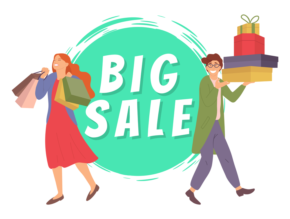 Big sale announcement. Girl with shopping bags is smiling happily. Male character in store is holding box with present. Couple buys gifts for the holiday. People rejoice with purchases in their hands. Big sale announcement. Couple buys gifts for holiday. People rejoice with purchases in their hands