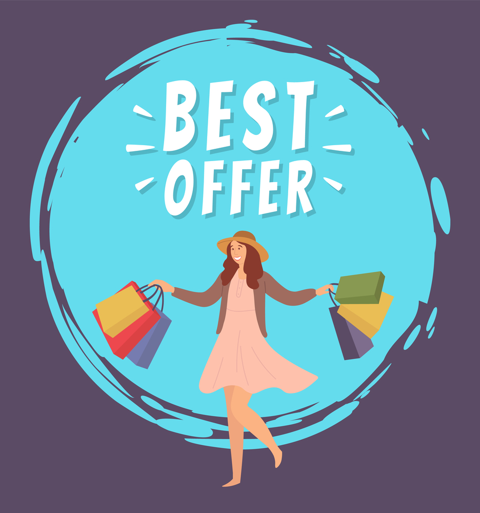 Best offer announcement. Smiling woman with shopping bags in her hands. Young beautiful happy girl jumps and picks up multi-colored packages with clothes. Female character with purchases in her hands. Best offer announcement. Woman with shopping bags. Girl picks up packages on blue background