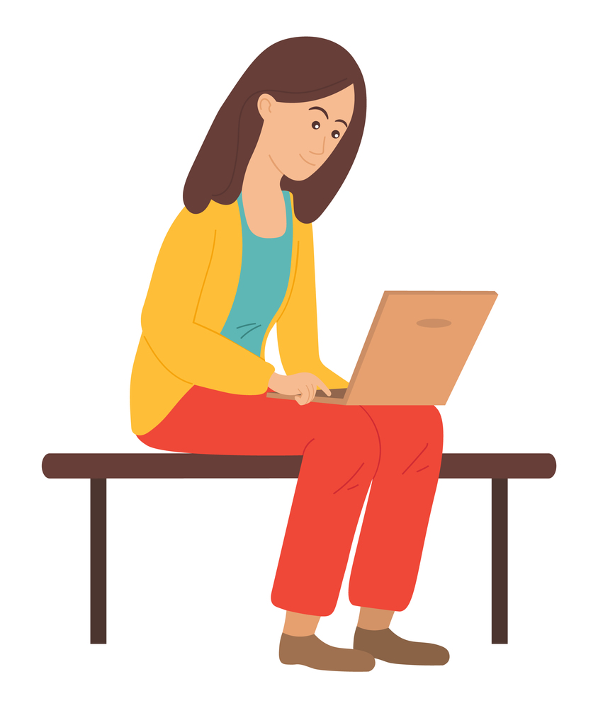 Brunette young beautiful girl in trousers and jacket sits on brown bench and uses laptop. Surf the Internet, work, study, communicate. Woman using a laptop. Flat vector illustration isolated on white. Young girl sits on bench and uses laptop. Surfing the internet. Flat vector illustration on white