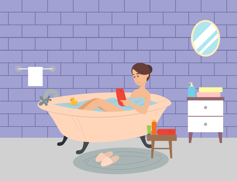 Young girl takes bath and surfs Internet using smartphone. Relaxation in bathroom, relaxing at home, browsing web. Body hygiene, health. Bathroom interior flat color drawing. Domestic spa, relaxation. Girl lies in bathroom and surfs Internet, browsing web, searching for info. Relaxing in bathroom