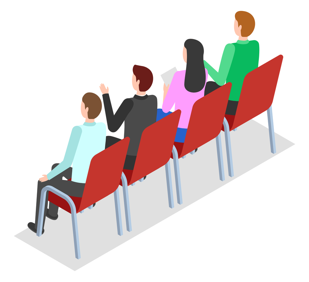 Isometric image of people sitting on chairs. Listeners are sitting in negotiations or presentations. Group of people at the conference. Business training, cooperation. Organization Members. Flat image. Conference participants are sitting on chairs, holding negotiations. Trade cooperation. Flat image