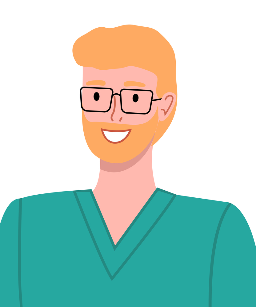 Closeup male doctor in protective surgical uniform and glasses. Man medical professional, doctor or laboratory assistant in medical green suit. Positive man professional physician. Healthcare concept. Blond smiling man medical worker in surgical green suit or uniform and glasses. Flat image