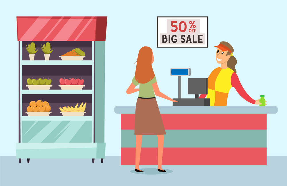 Buyer is shopping in the grocery store with purchases. Supermarket sales and discounts concept. Shopping woman pays by card and buys food. Female character goes to the checkout. Cashier stacks goods. Female character in the grocery store. Supermarket sales and discounts. Woman goes to the checkout