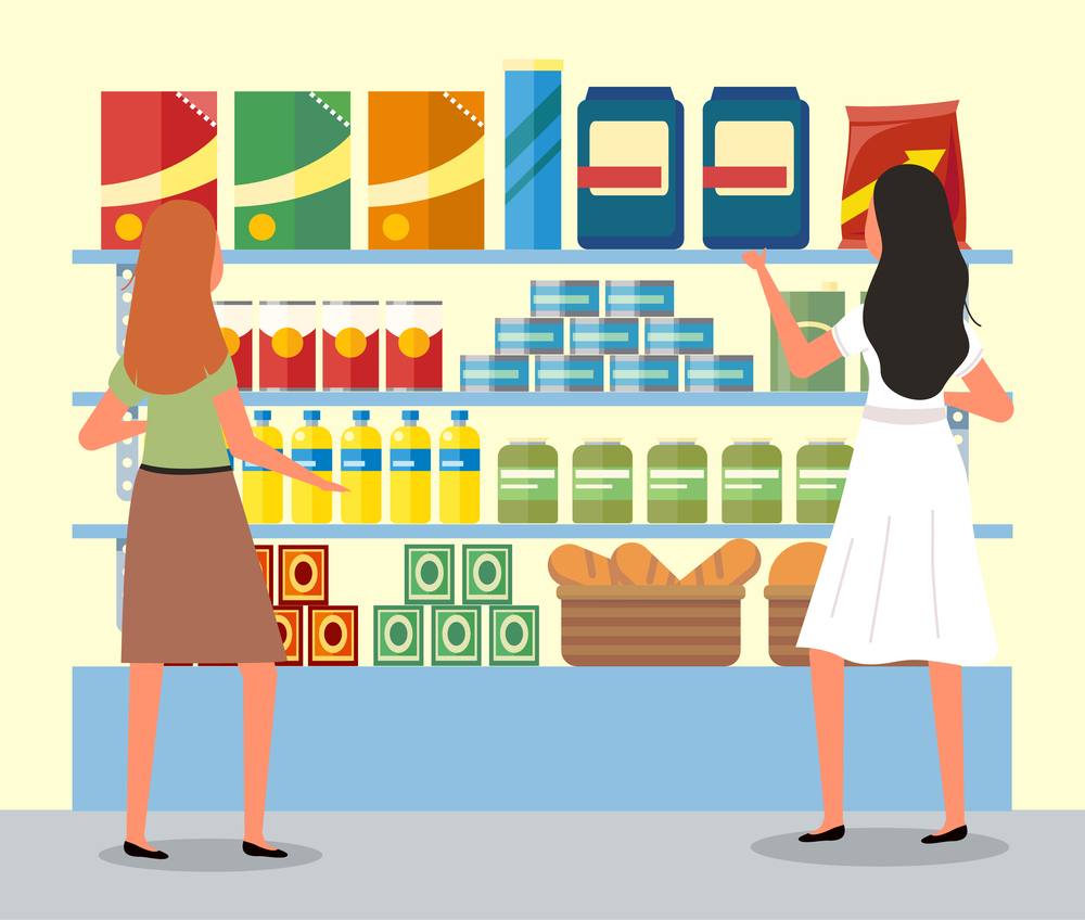 Girls next to the food counter are choosing goods. Women are communicating during a shopping. Supermarket sales and discounts concept. Female buyer is shopping in the grocery store with purchases. Girls next to the food counter are choosing goods. Women communicate during a shopping sale