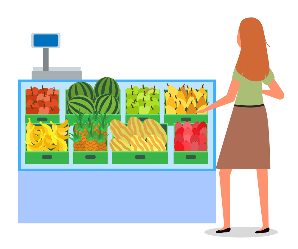 Girl next to the food counter. Supermarket sales concept. Shopping in the grocery store. Woman in the store is buying fresh food. Female character shopping with a choice between fruit and vegetables. The girl next to the food counter is choosing goods. The woman in the store is buying fruit