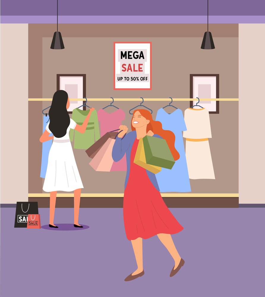 Woman with bags is smiling happily. Young beautiful happy girl picks up multi-colored packages. Female characters shopping during mega sale. Women choosing garments. Buyer selecting clothes in store. Young happy girl picks up multi-colored packages. Female characters shopping during mega sale