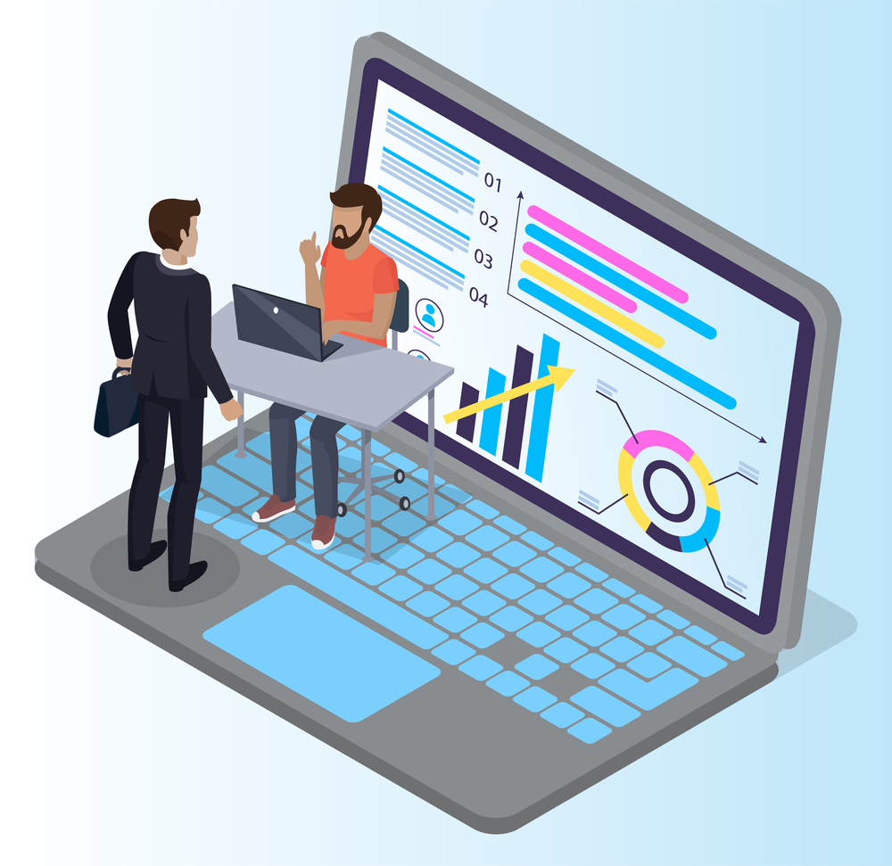 Expert worker evaluate statistics. Concepts for business analysis and planning consulting team work vector illustration. Financial research with data indicators. Business man doing data analysis. Expert worker evaluate statistics. Concepts for business analysis and planning consulting team work