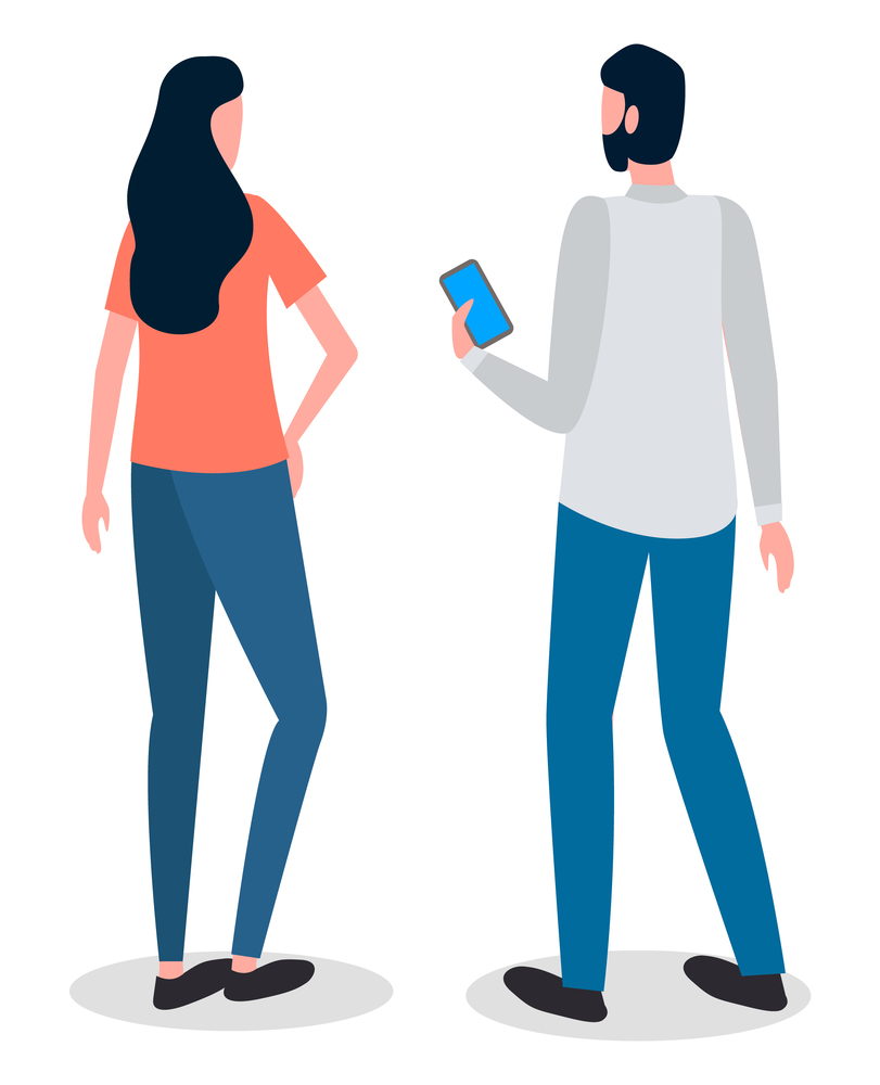 Man and woman talking to each other. Man is holding a mobile phone in his hand and looking at the screen. Male and female characters back view full height. Communication of people. Staff conversation. Man and woman talking to each other. Man is holding a mobile phone in hand and looking at the screen