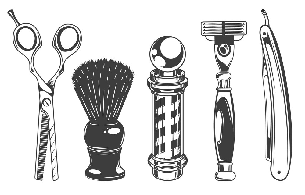 Hairdressers tools and barbershop set of vector black and white style objects, design elements in retro style. Barber shop equipment scissors, shaving brush, modern razor and old blade, barber pole. Hairdressers tools and barbershop set of black and white style objects, design elements retro style