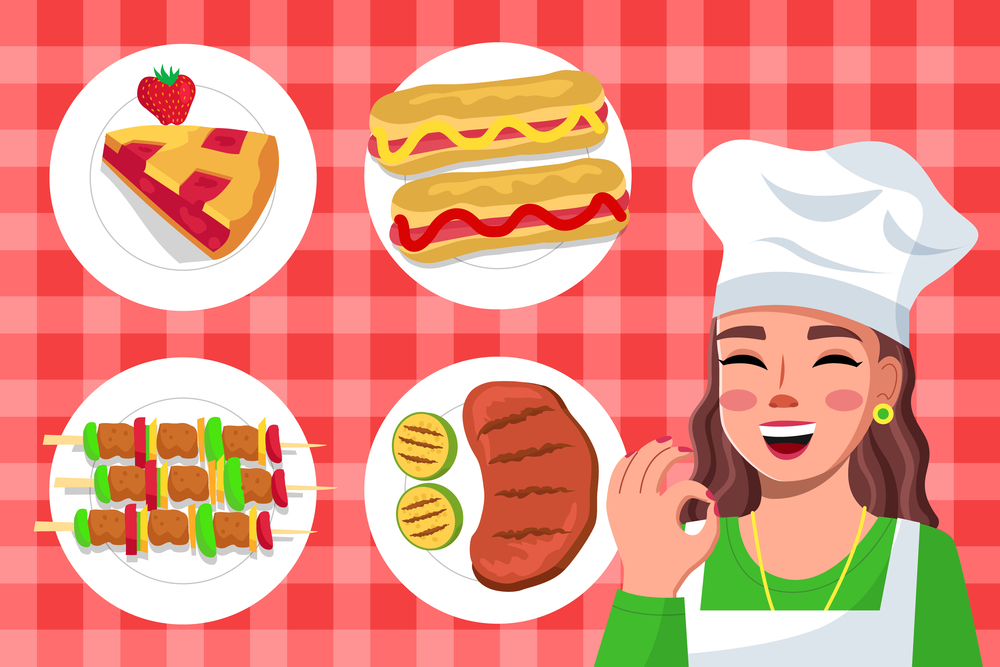 Young woman in cook clothes and special cap makes ok gesture with fingers and set of prepared dishes on plates. Happy cute girl cook homemade food hot dog, berry pie, grilled meat with vegetables. Woman in cook clothes and a cap makes ok gesture with fingers and set of prepared dishes on plates