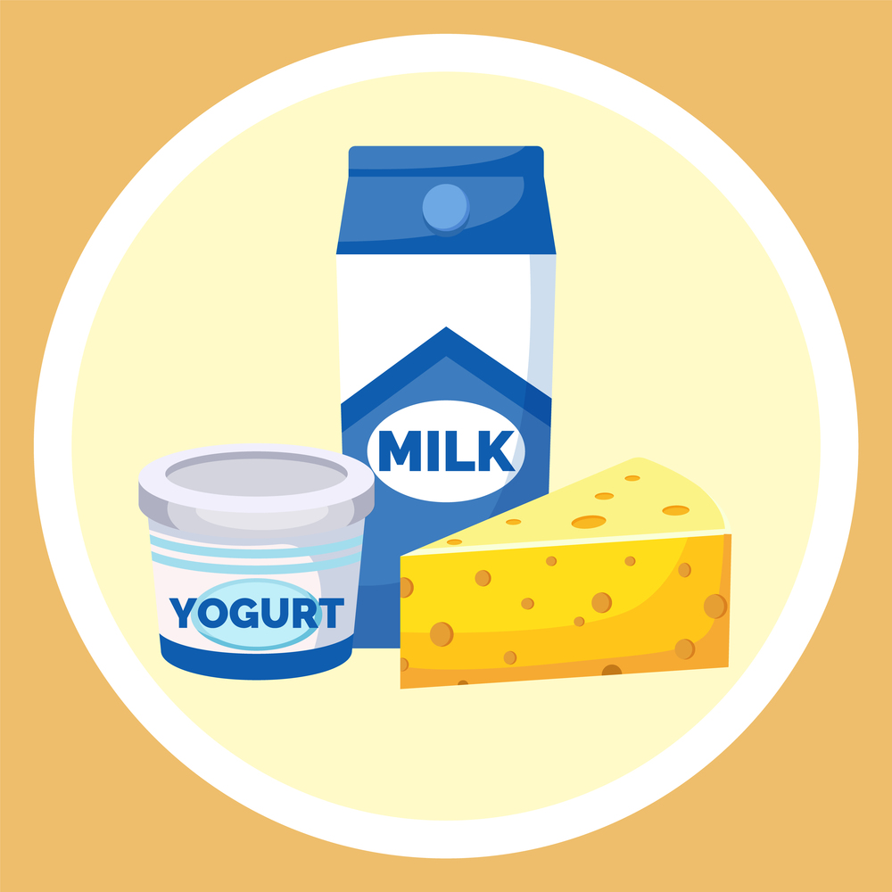 Milk and farm products. Dairy produce milk drink yogurt in a plastic cup, milk in a cardboard box and a piece of hard cheese. Cow milk products healthy nutrition. Natural product organic food. Milk and farm products. Yogurt in a plastic cup, milk in a cardboard box and a piece of hard cheese