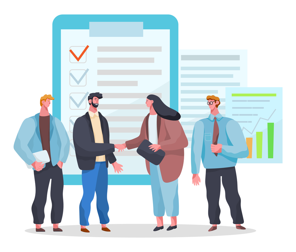 Business people shaking hands. Partnership and cooperation in business, happy businessman shaking hands vector illustration cartoon character. Partners on deal meeting do handshake in flat design. Partnership and cooperation in business, businessman shaking hands vector illustration character