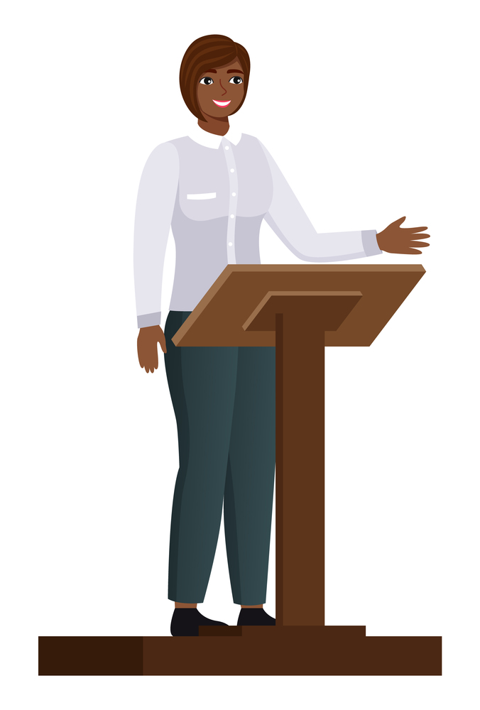 Politician woman standing behind rostrum and giving speech. Dark skinned female character gives lecture stand near podium speak on business training. Report of student on conference isolated on white. Politician woman standing behind rostrum and giving a speech. Female gives lecture stand near podium