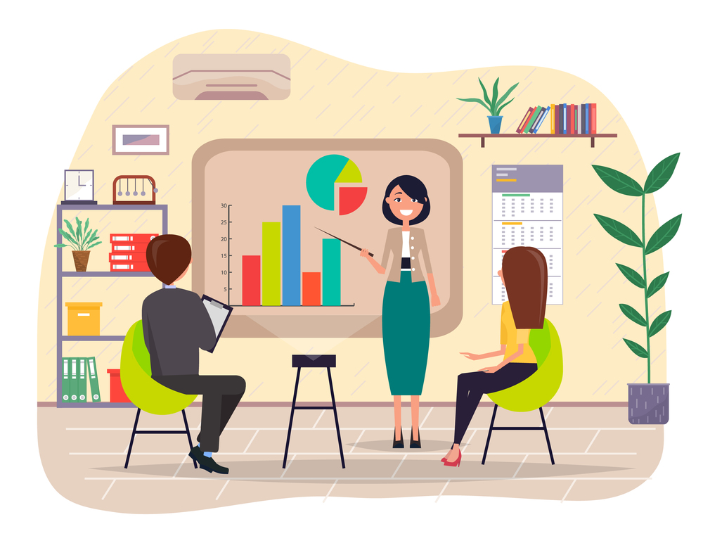 Woman give a progress report. Character standing at big board pointing on charts and graphs. Girl presenting board with data and information infographic to her colleagues sitting in office room. Woman give a progress report. Character standing at big board pointing on charts and graphs.