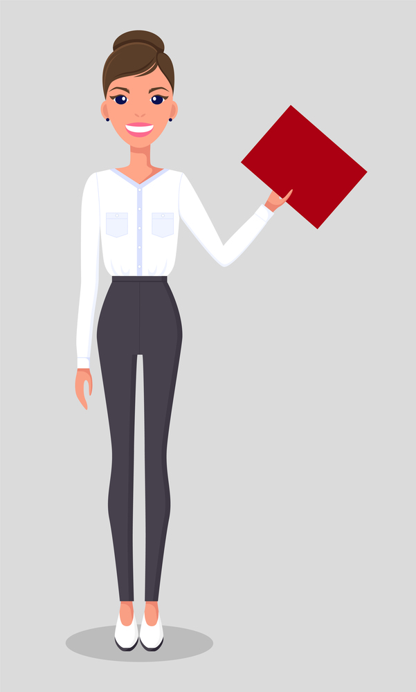 Pretty young slim woman character in business clothes. Smiling business woman standing with a folder in stretched hand. Businesswoman wearing blouse and trousers standing straight at full height. Pretty young slim woman in business clothes. Smiling business woman standing with a folder in hands