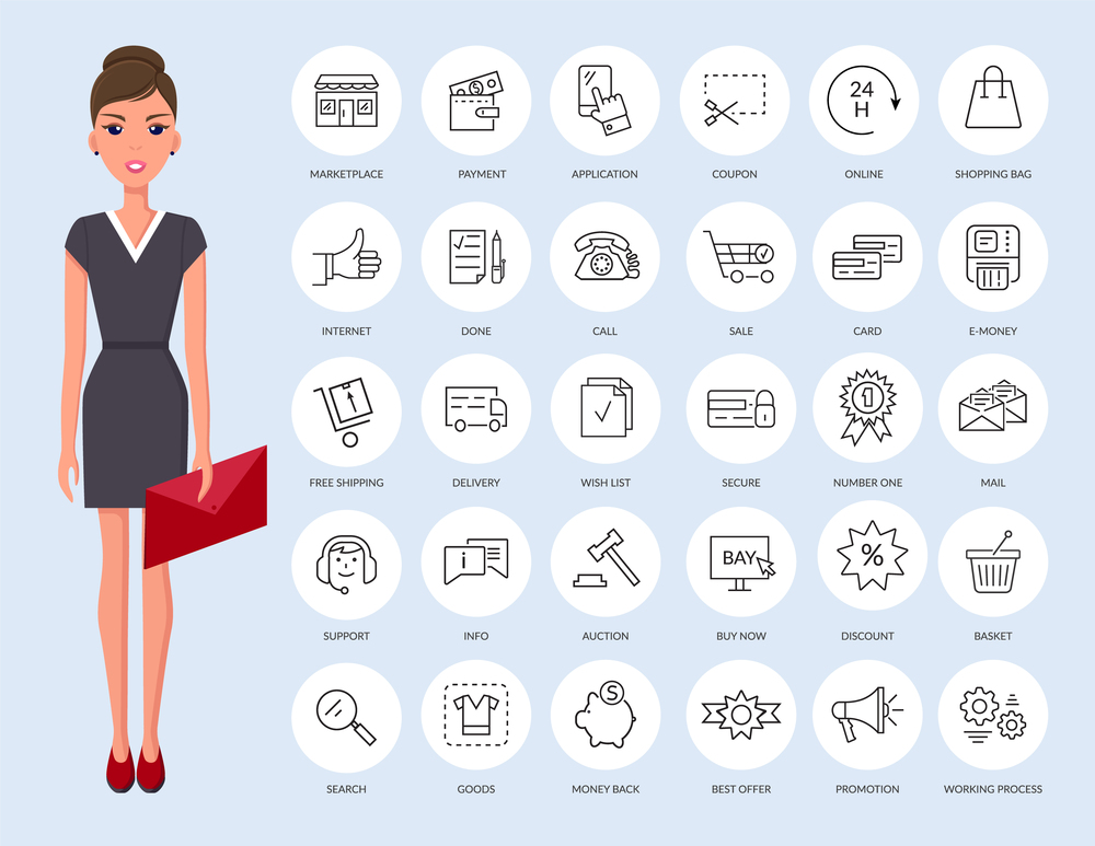 Online shopping thin line icons. Businesswoman with envelope and set of buy icons, interaction methods illustration. Young pretty woman wearing business clothes and outline web icons set for site. Online shopping thin line icons. Young pretty businesswoman with envelope and set of buy icons