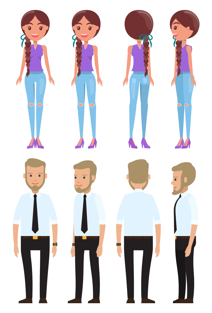 Stylish businessman and cute young girl. Set of man and woman characters front, side, back view. Bearded man in a shirt with a tie. Fashionable girl wearing jeans, high heel shoes, hairstyle braid. Stylish businessman and cute young girl. Set of man and woman characters front, side, back view