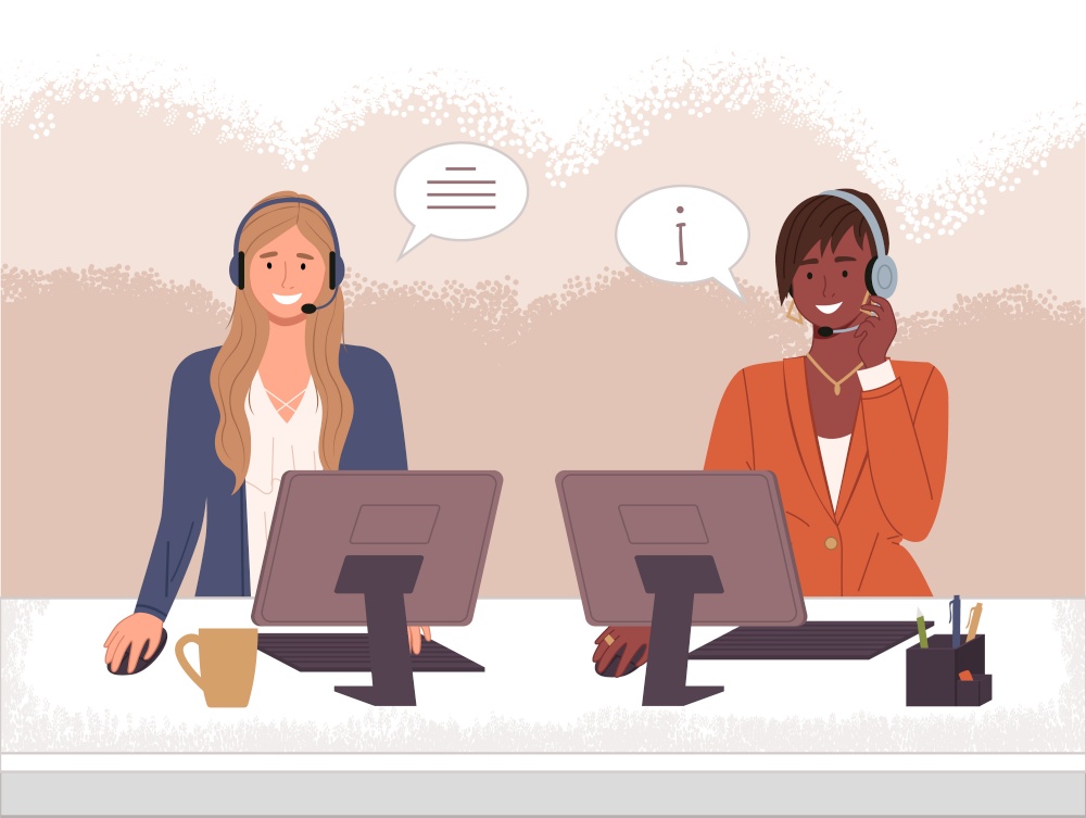 Characters female call center hotline. Online support worker, telephone service operator. Dispatcher, workplace of customer support manager at computer. Remote service specialist with headphone. Characters female call center hotline. Online customer support worker, telephone service operator